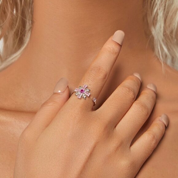 NWT S925 Sterling Silver Pink CZ Cross Fleur-De-Lis Design Open Adjustable Ring - Picture 8 of 12